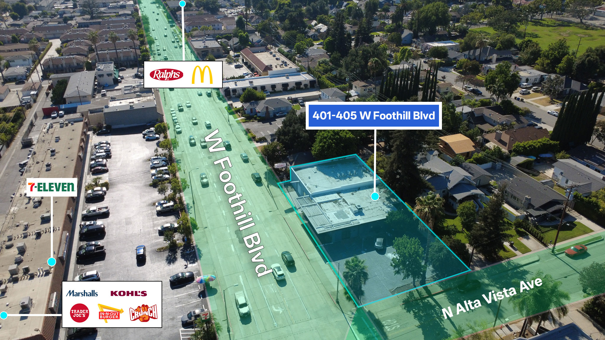 Aerial with nearby retailers labeled — Ralphs, 7-Eleven, Trader Joe's, In-N-Out and more
