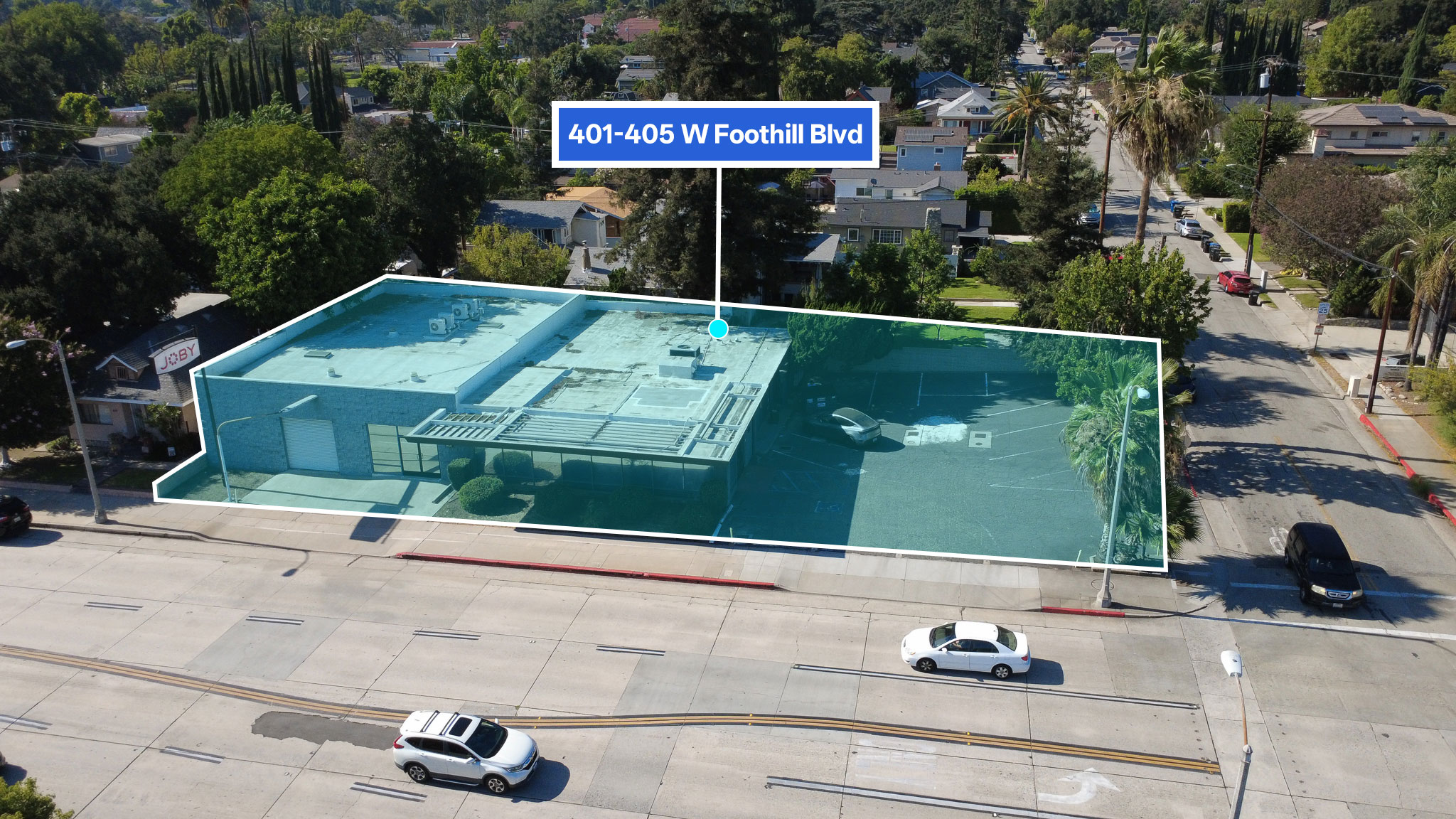 Aerial with property outline — 401–405 W Foothill Blvd
