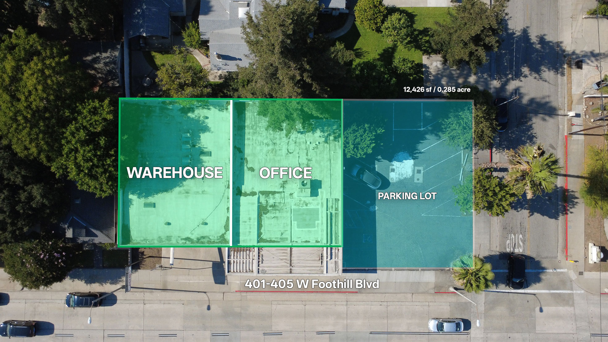 Site layout — warehouse, office and parking · 12,426 SF lot